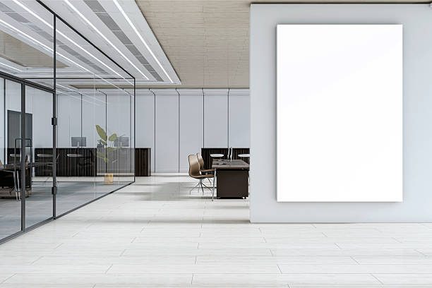 istock Vertical blank canvas mockup on modern office corridor wall with glass room partition and clean corporate workspace interior view. 3D Rendering 2227096943