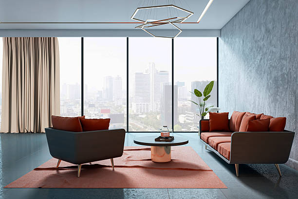 istock Contemporary lounge area with modern sofas and panoramic city view through large windows in a high-rise interior space with stylish decor. 3D Rendering 2227096972