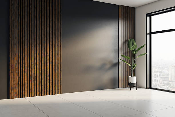 Modern empty interior corner with dark accent wall, wood paneling and city view through large window in contemporary office or gallery space. 3D Rendering