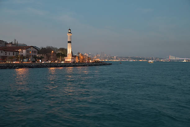 Istanbul, Turkey - December 11, 2023: AhirkapiLighthouse is a lighthouse serving the Marmara Sea and the Bosphorus in the Ahirkapi district of Istanbul. Shown at night from vessel