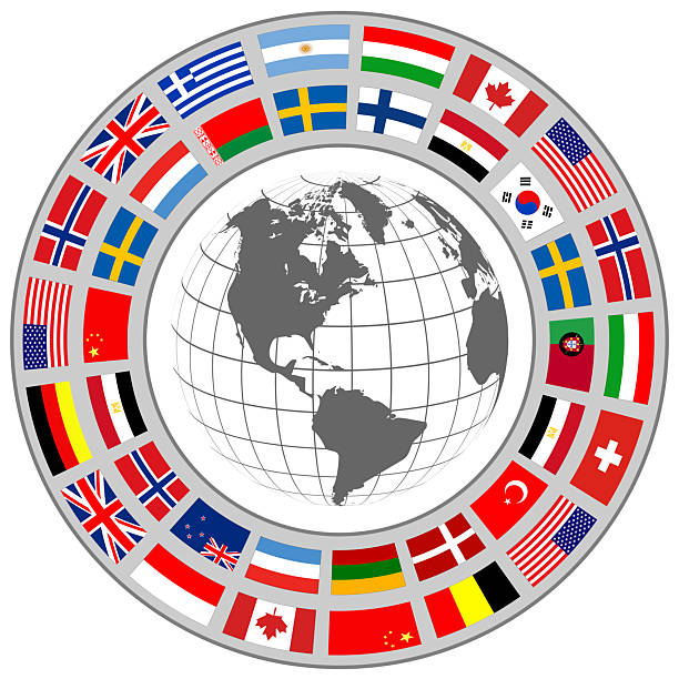 istock Business icon with earth globe and international flags around, ring with flags button, business concept symbol. 2227102610