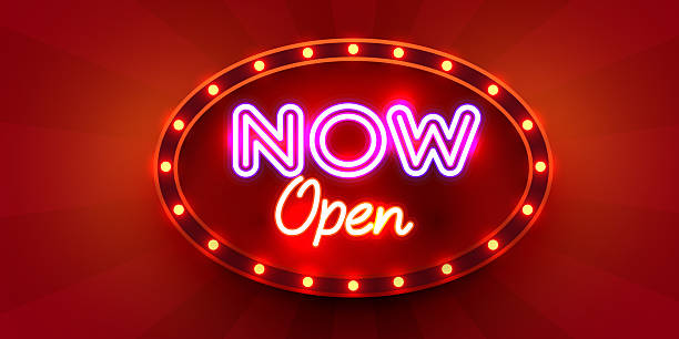 istock Now Open. Retro light sign. Signboard with lamps border. Vintage style banner. 2227109917