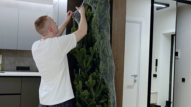 istock Male carefully removing protective wrapping from fresh pine tree, sorting holiday decorations inside home interior, storing seasonal items after winter celebrations 2227112604