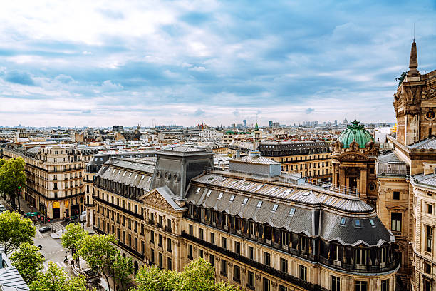 An elevated view of Paris showcasing iconic rooflines, classical architecture, and a vibrant cityscape below under an expansive cloudy sky.