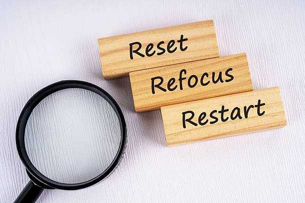 istock Magnifying glass and text reset, refocus and restart on wood block 2227114343