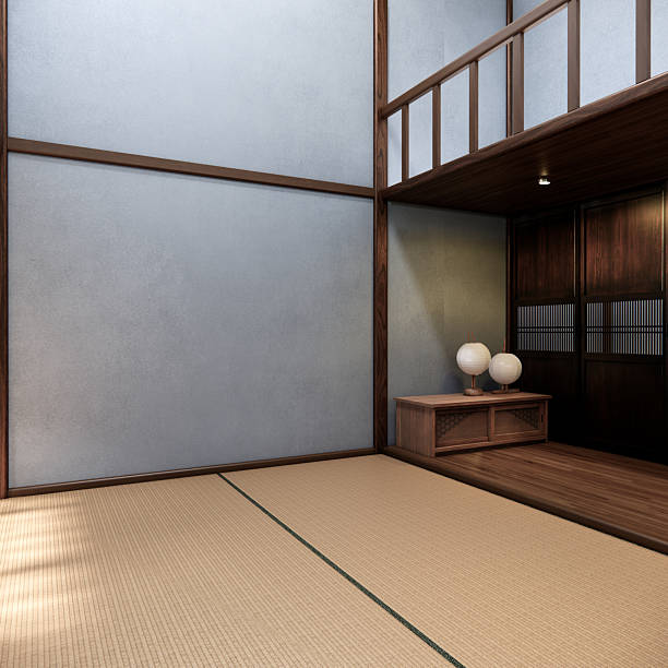 Dark blue color japan interior design,modern living room. 3d illustration, 3d rendering