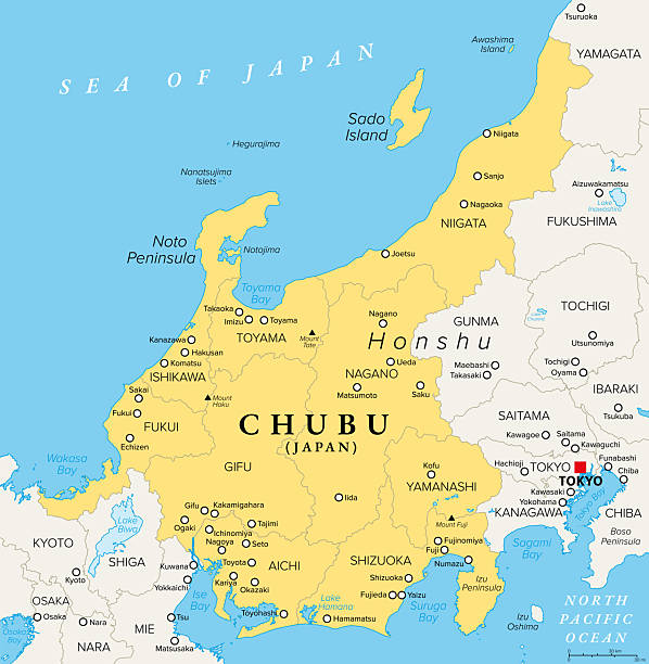 Chubu, Central Region, or also Central Japan, political map Chubu, region of Japan, political map. Also known as Central Region or Central Japan, a region in the middle of main island Honshu, encompassing nine prefectures. Map with capitals and largest cities. niigata japan stock illustrations