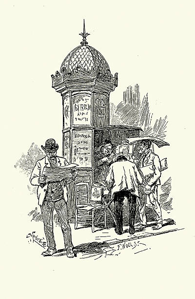 Sketch Paris life, Newspaper vendor sell papers from a booth, French, Vintage illustration 19th Century 1890s