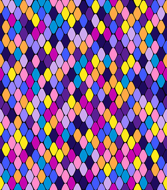 istock Seamless psychedelic pattern with colorful scales or diamonds in vibrant pink, blue, yellow, and purple tones. 2227135220