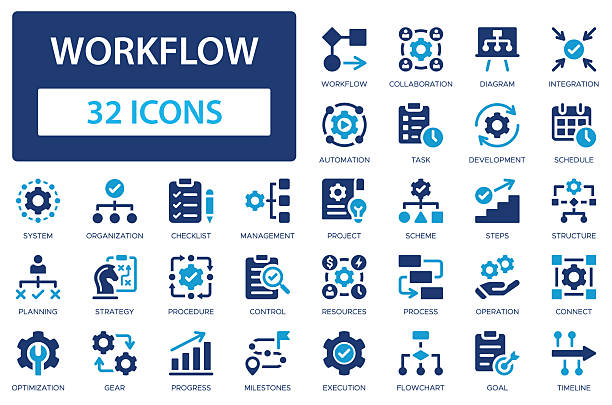 Workflow flat icons collection. Management, task, progress, system, procedure, strategy, process sign set. Workflow flat icons collection. Management, task, progress, system, procedure, strategy, process sign set. surgery stock illustrations