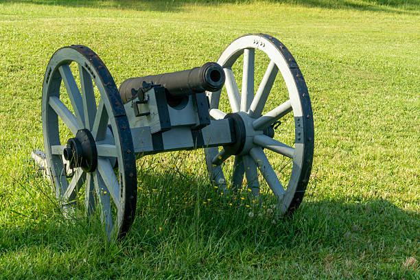 US Civil War cannons in a grassy field; camp in the background