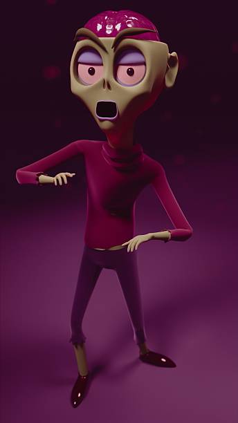 This image shows a person with head open exposing brain looking sideways with arms raised slightly