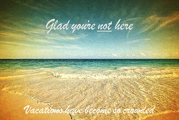 istock Humorous Vintage Postcard with empty, tranquil, Tropical beach and no crowds. 2227151946