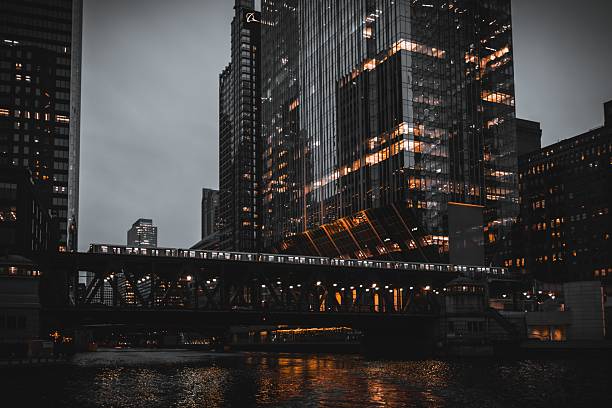 Chicago River bridges, downtown Chicago. State Street Bridge (near) and Wabash Avenue Bridge (far).