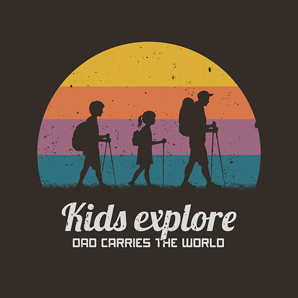 Family with trekking poles. 60s, 70s label