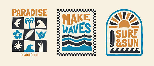 Vector graphic set with a tropical surf and sun theme t-shirt designs. Including phrases such as 