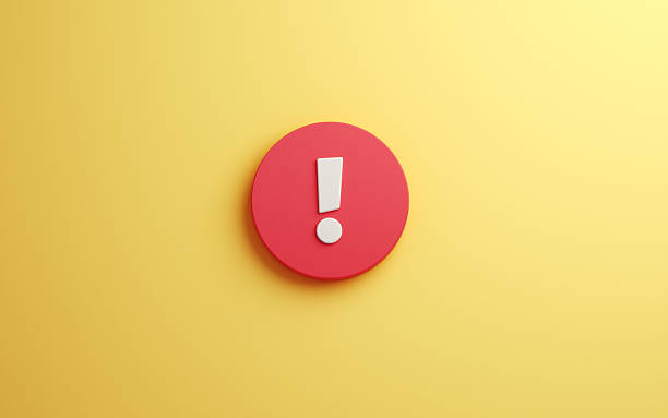 3d render  Exclamation Mark on Round Red Button on Yellow Background, Hazard risk problem concept