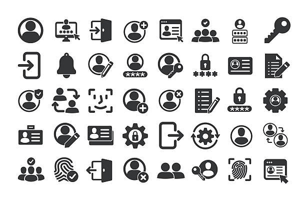 User account glyph solid icons. Containing login, identity, access, password solid icons collection User account glyph solid icons. Containing login, identity, access, password solid icons collection log on stock illustrations