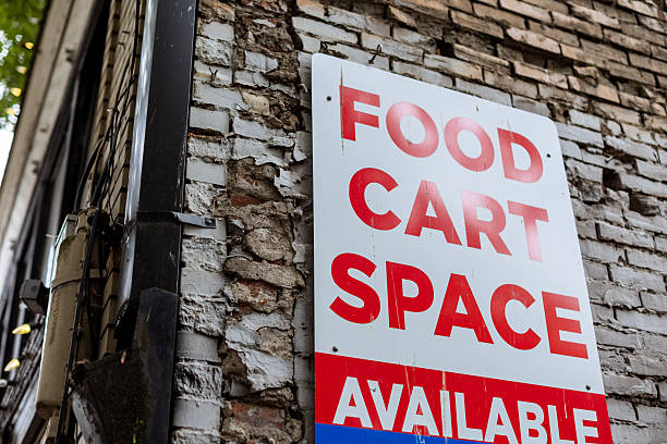 Food cart space available sign advertising on the side of a building in downtown Portland Oregon.
