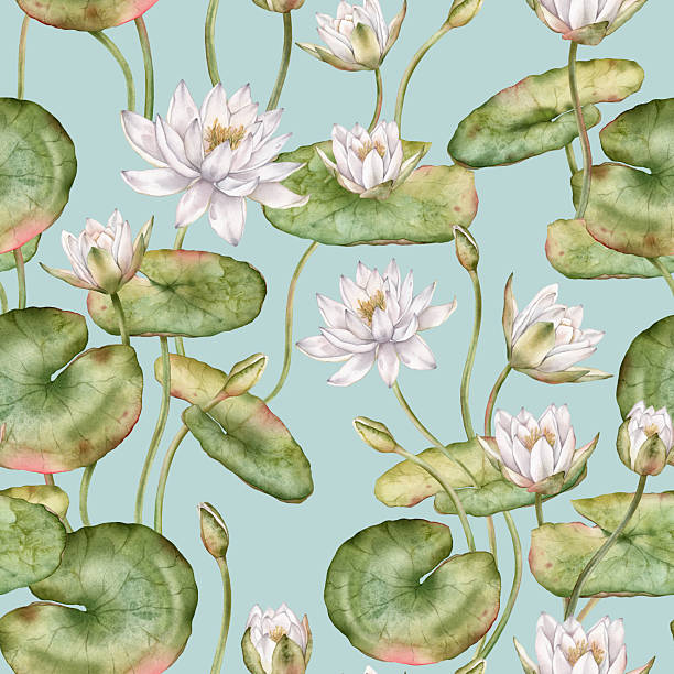 istock Seamless watercolor pattern featuring delicate white water lilies with green leaves. Hand-drawn lotus flowers on an isolated background, perfect for textiles and wrapping paper. 2227166498