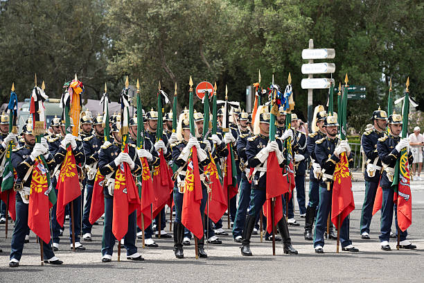 Lisbon, Portugal - May 6, 2025. Men in military uniform standing in formation for parade in front of Jeronimos Monastery, Lisbon, Portugal