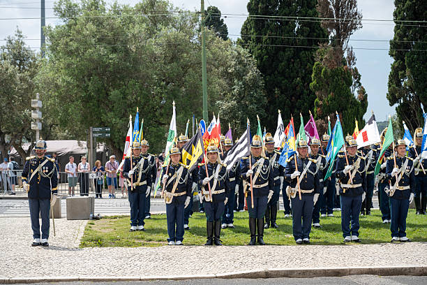 Lisbon, Portugal - May 6, 2025. Men in military uniform standing in formation for parade in front of Jeronimos Monastery, Lisbon, Portugal