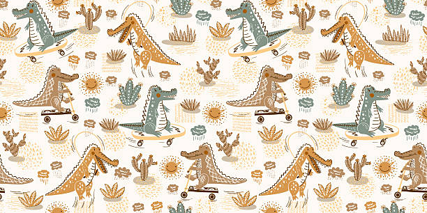 Cute Crocodile Seamless Pattern in Earth Tones Palette. Vector Baby Playful Background: Alligators, Cactuses, Rain Clouds, Sun. Cartoon Wild Animals Wallpaper Retro Colors