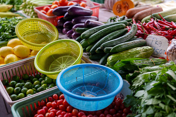 Colorful Baskets and Fresh Produce Available for Sale at an Asian Market