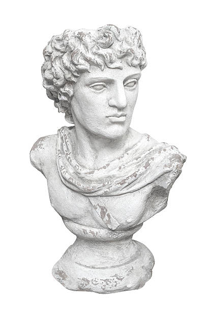 White plaster bust  isolated on transparent background, featuring intricate details and weathered texture