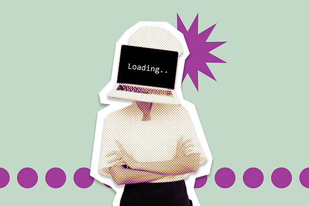 Robot cook helper depicted by chef with laptop head and loading text in it