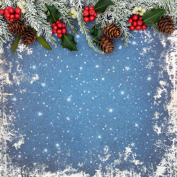 Traditional Christmas winter background border on grunge blue with holly, red berries, mistletoe, snow fir, pine cones. Classic flora design for Xmas festive season.