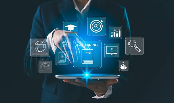 istock E-learning is modern concept of online education uses internet technology to support virtual studying, personal development, business training through interactive screens, online Courses e-learning. 2227197270