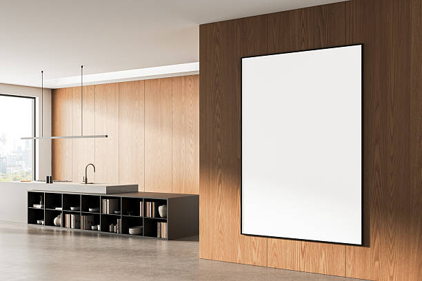istock Modern kitchen interior with large blank framed poster mockup on wooden wall in minimalist home design concept for artwork or layout display template. 3D Rendering 2227197599
