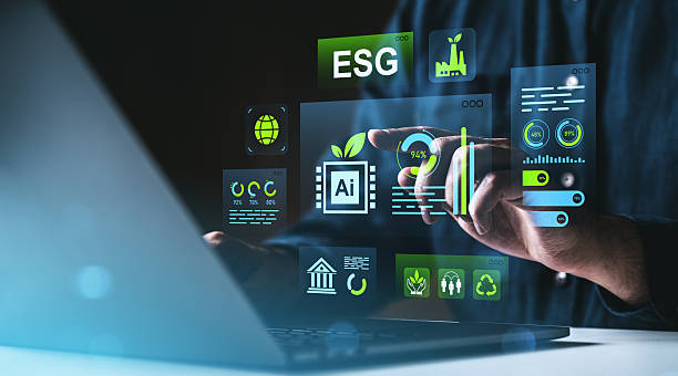 istock Sustainable technology and ESG data interface concept with futuristic digital graphics and environmental analytics on screen in business setting. 2227197609