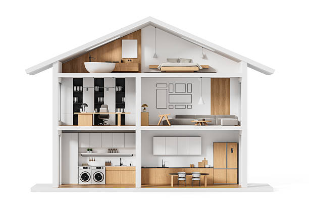 istock Modern minimalist house cross-section with detailed interior layout including kitchen, living room, office, bedroom, and bathroom. Concept visualization. 3D Rendering 2227197793