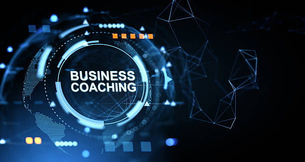 istock Futuristic business coaching concept with glowing digital interface and network lines on dark blue background, representing innovation and technology. 3D Rendering 2227197901