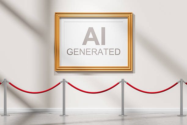 Framed AI Generated Art Displayed in Modern Museum Behind Red Ropes on Bright Wall Conceptualizing Digital Creativity and Future of Art Exhibition. 3D Rendering
