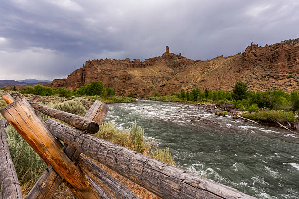 Rock formations on the riverbank in wilderness