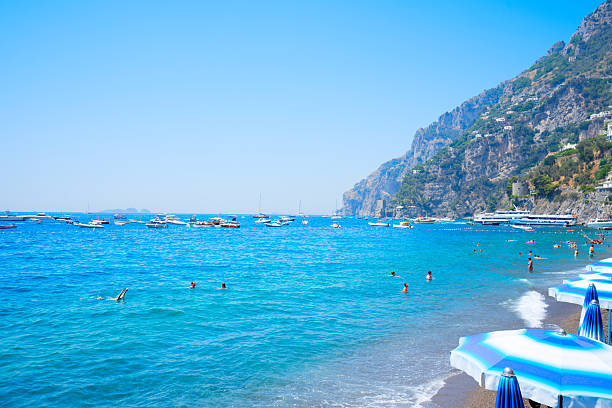Sea and beach with umbrellas of Positano - famous old italian resort, Italy