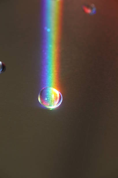 Rainbow is reflected in a puddle of water. The rainbow is very bright and colorful. The puddle is small and clear