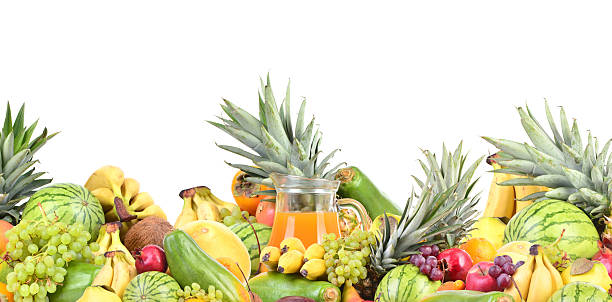 Many fresh ripe fruits isolated on white background. Collage. Free space for text. Wide photo.