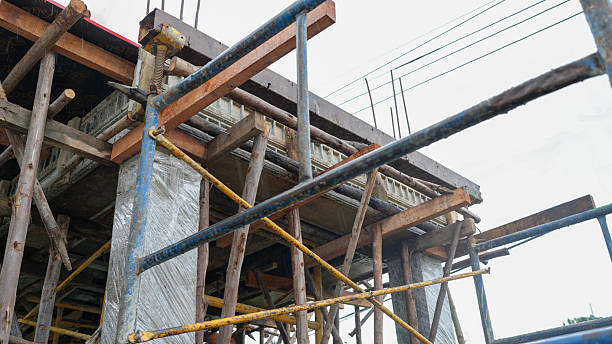 istock Construction site scaffolding, wooden beams, and concrete structure showcase process of building. scene conveys sense of progress and development in urban architecture 2227210824