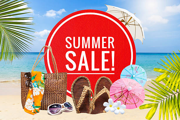istock Summer sale banner with summer set on tropical beach background 2227211465