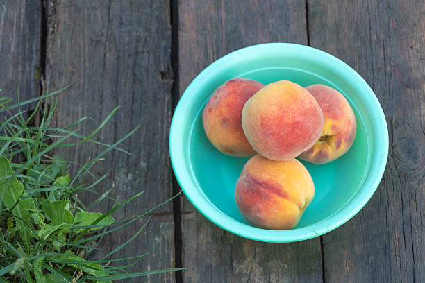 Four Fresh Peaches in a Green Plastic Bowl on Rustic Wooden Surface.