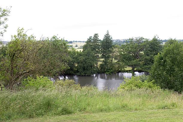 istock A still pond sits nestled in a small valley. It is surrounded by green trees, and grassy slopes 2227215263