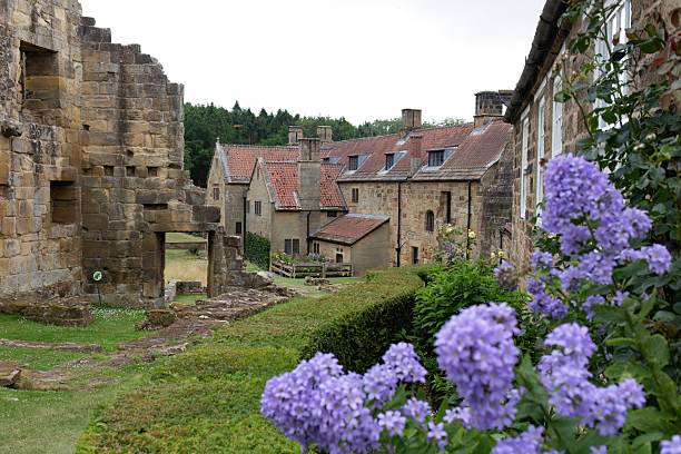 istock Mount Grace Priory in England features stone buildings with red tile roofs and a stone wall. Purple flowers bloom in the foreground 2227215264