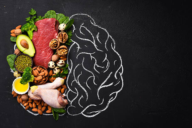 istock Meat, fish, nuts, fresh vegetables and herbs are products for improving memory and brain function. The brain is drawn with chalk on a blackboard. Healthy food. 2227216752