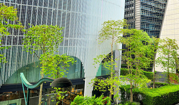 istock Architectural detail with trees from modern office building exterior 2227219481