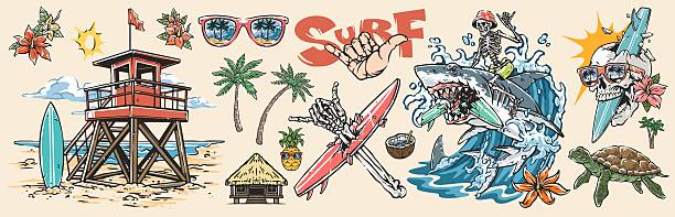 The artwork features various surf-themed elements including a lifeguard tower surfboards tropical flora and playful ocean motifs. The design captures a lively beach vibe.