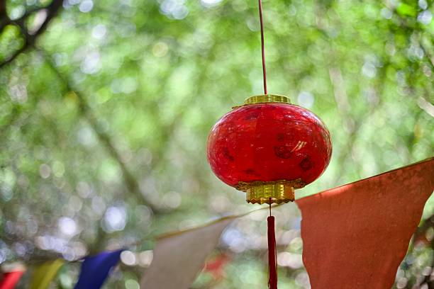istock Red Chinese Lantern Hanging Outdoors with Colorful Flags 2227220898